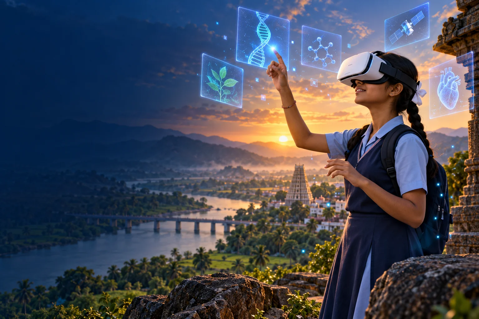 School student discovering a virtual world with a VR headset