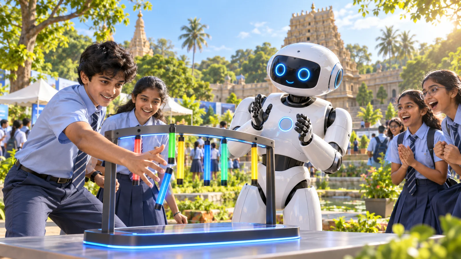 A friendly robot joins students at the festival