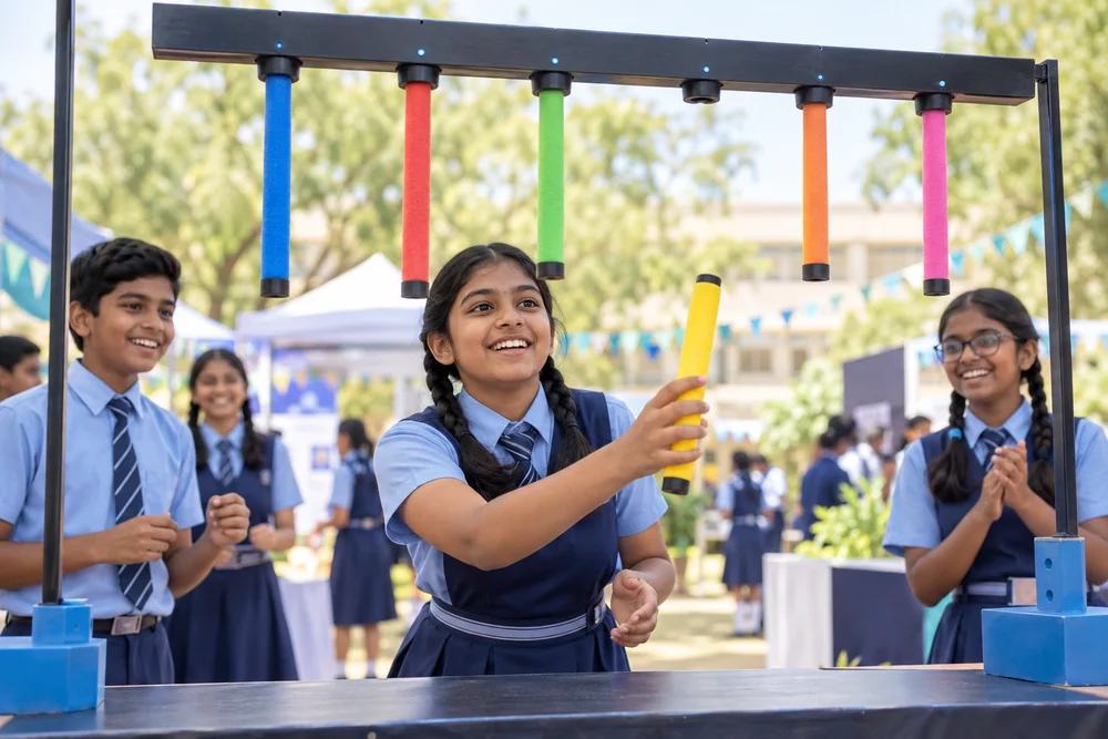 Student catching a falling baton in a reflex challenge