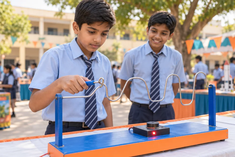 Student guiding a metal loop along a wire in a steady-hand game